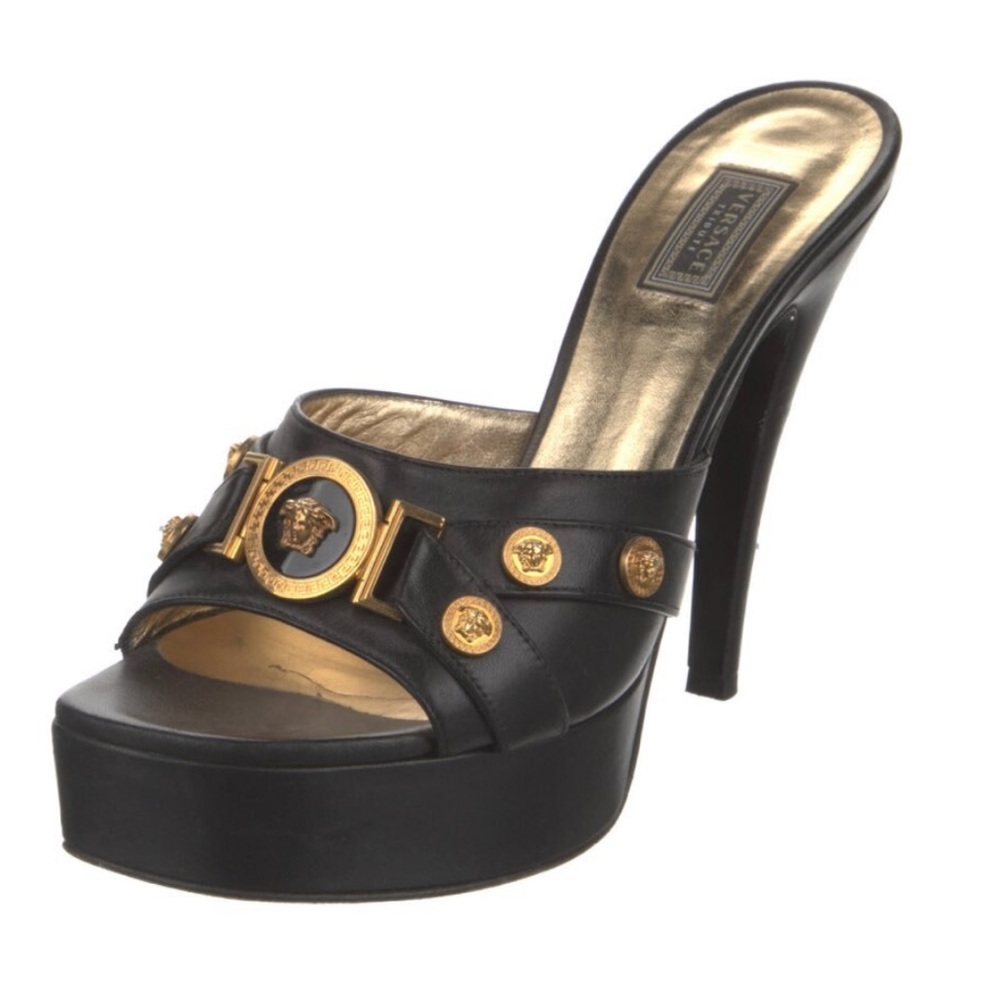 GIANNI VERSACE TRIBUTE MEDUSA BLACK LEATHER SLIDES HEELS Size 10